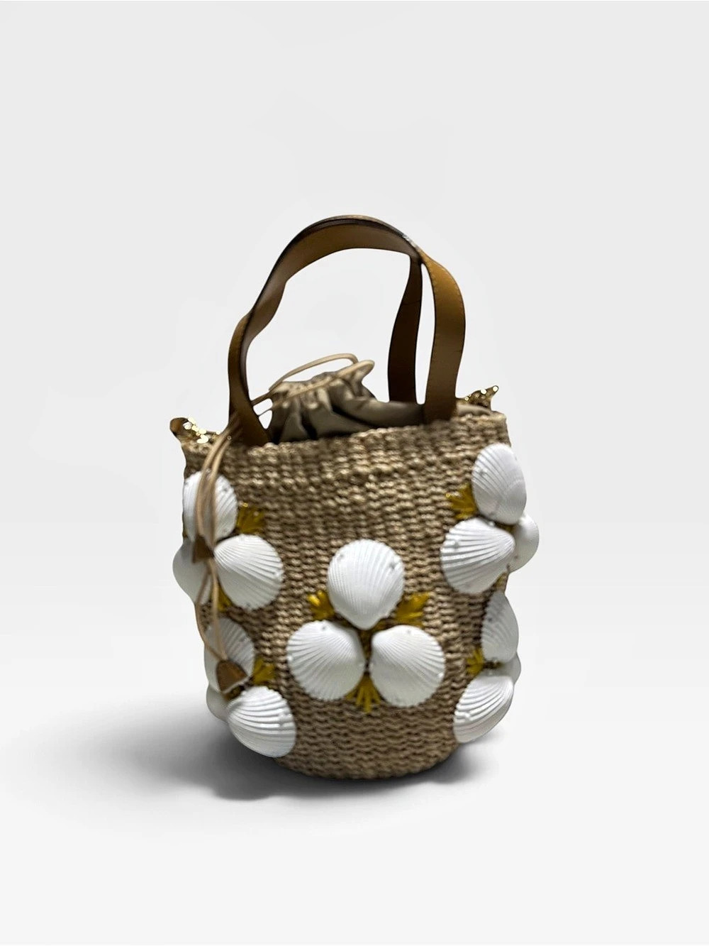 Rafe New York Shell Embellished Woven Tote Brown & White Like New